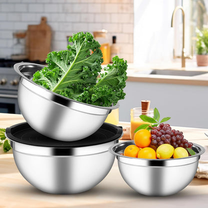 Mixing Bowls with Airtight Lids Set of 3, Stainless Steel Mixing Bowls, Nesting Salad Bowl for Prepping, Serving, Cooking, Kitchen, 4.5/2.5/1.5QT, Black