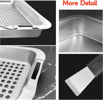 Grill Pans for Outdoor Grill-3 Grilling Baskets|Serving Tray| Clip-on Handle.BBQ Serving Platters with Holes for Grill Fish,Vegetable,Meat and Prep Food Veggie