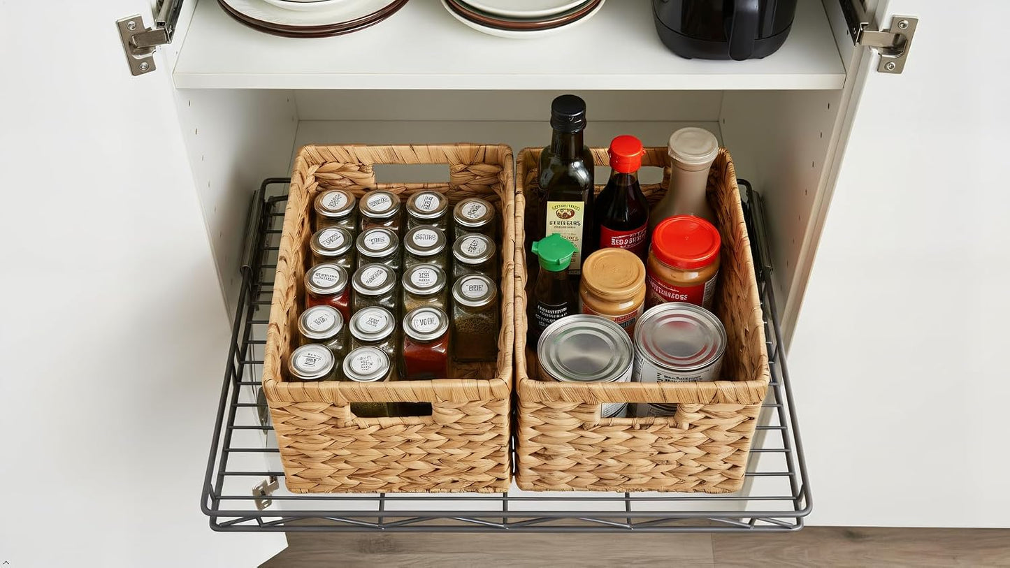 Water Hyacinth Storage Baskets Set of 2 - Medium Decorative Wicker Baskets for Organizing Shelves, Rectangular Woven Storage Bins with Handles for Pantry, Bathroom, Living Room 13"x9"x7"