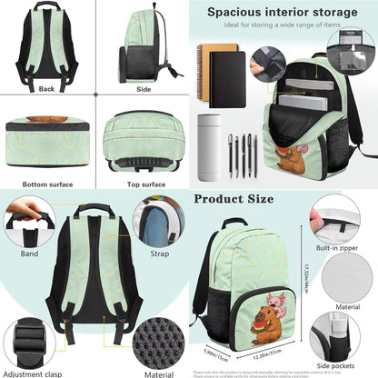 Cute Capybara Pizza Backpack for Girls, 5 Pcs Boys School Bag Set for Kids, 17 Inch Backpacks Lunch Pencil Box Reusable Utensils Case Set for Middle Elementary School, 3rd Grade Backpack