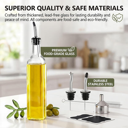 Green Olive Oil Dispenser Bottle - 17oz/500ml Glass Oil and Vinegar Bottles Set for Kitchen, Oil Dispenser with 2 Stainless Steel Pourers, Funnel and Brush