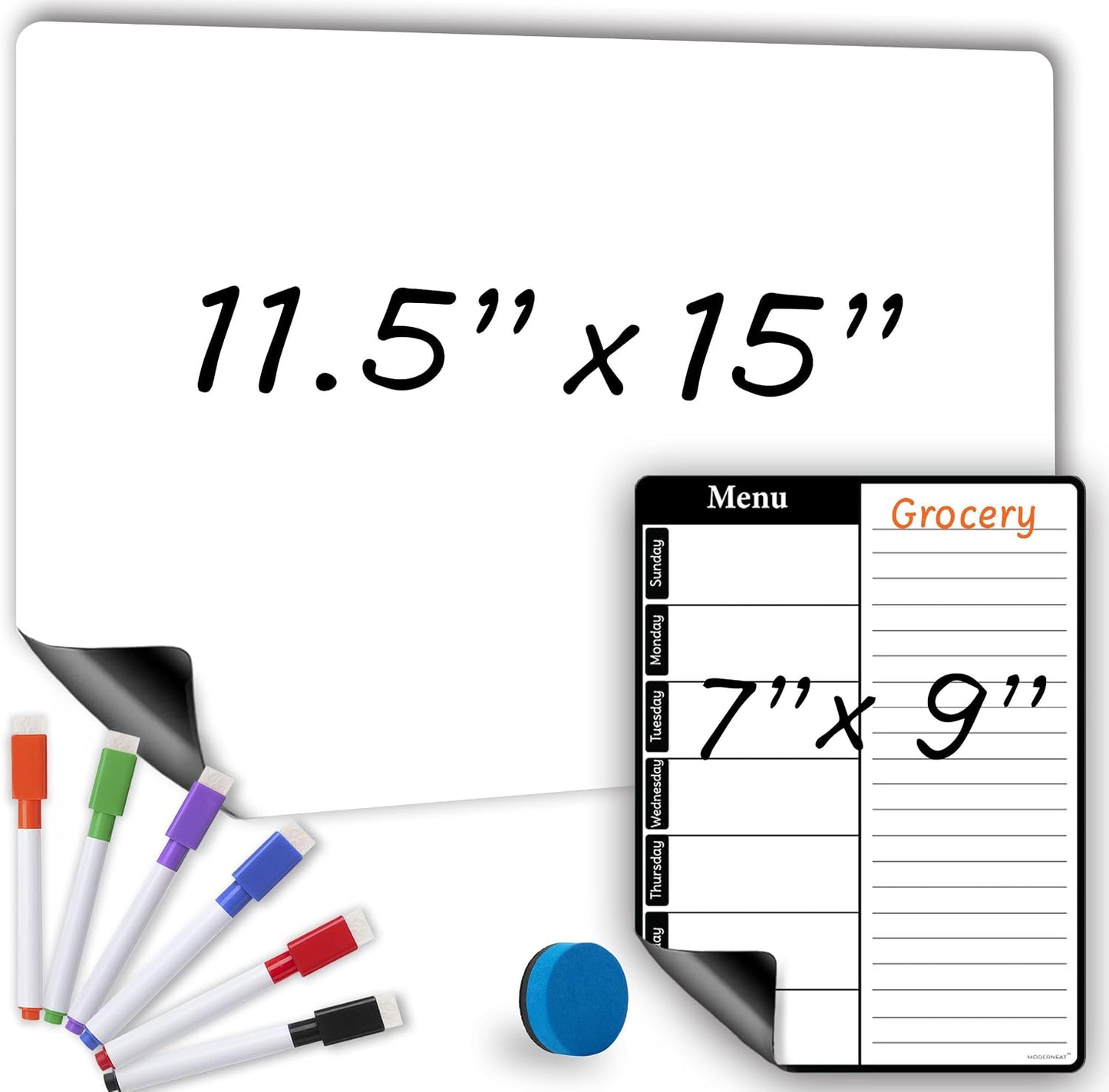 Magnetic Blackboard for Fridge - Dry Erase Black Board for Home, Office & Classroom (11.5" x15”), Menu Board for Kitchen Fridge - Family Meal Planner (7" x9”) - 6 Fine Tip Magnetic Markers & Eraser