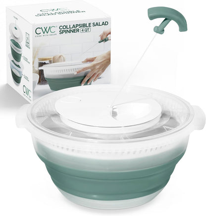 COOK WITH COLOR Collapsible Salad Spinner - 4 QT Space Saving Lettuce Dryer with Folding Collapsible Colander Great for Washing and Drying Fruit and Vegetables (Grey)