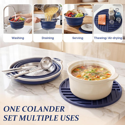 Collapsible Colander Set with Silicone Mat,2-in-1 Stainless Steel Colander for Kitchen, Foldable Metal Colander, Space-Saving for Pasta Veggies Fruit(NAVY BLUE)