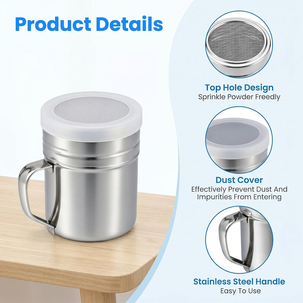 4 Pack Stainless Steel Salt and Pepper Shakers, 10 oz Dredge Shakers with Lid and Handle, Spice Seasoning Condiment Dispenser for Salt Powder Sugar Flour, Fits Cooking Kitchen Baking