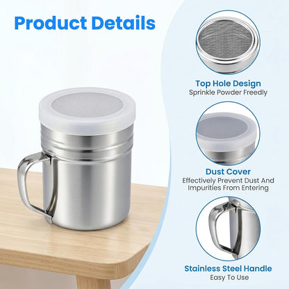 4 Pack Stainless Steel Salt and Pepper Shakers, 10 oz Dredge Shakers with Lid and Handle, Spice Seasoning Condiment Dispenser for Salt Powder Sugar Flour, Fits Cooking Kitchen Baking
