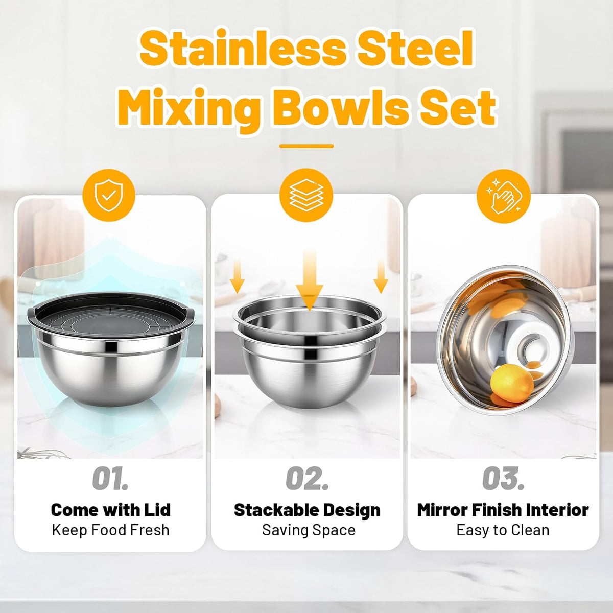 Beasea Stainless Steel Mixing Bowls, 5 Pack 1.5 QT Stackable Nesting Mixing Bowls with Airtight Lids, Metal Bowl with Lid for Baking, Meal Prepping, Salad, Serving, Food Storing