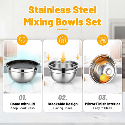 Beasea Stainless Steel Mixing Bowls, 5 Pack 1.5 QT Stackable Nesting Mixing Bowls with Airtight Lids, Metal Bowl with Lid for Baking, Meal Prepping, Salad, Serving, Food Storing