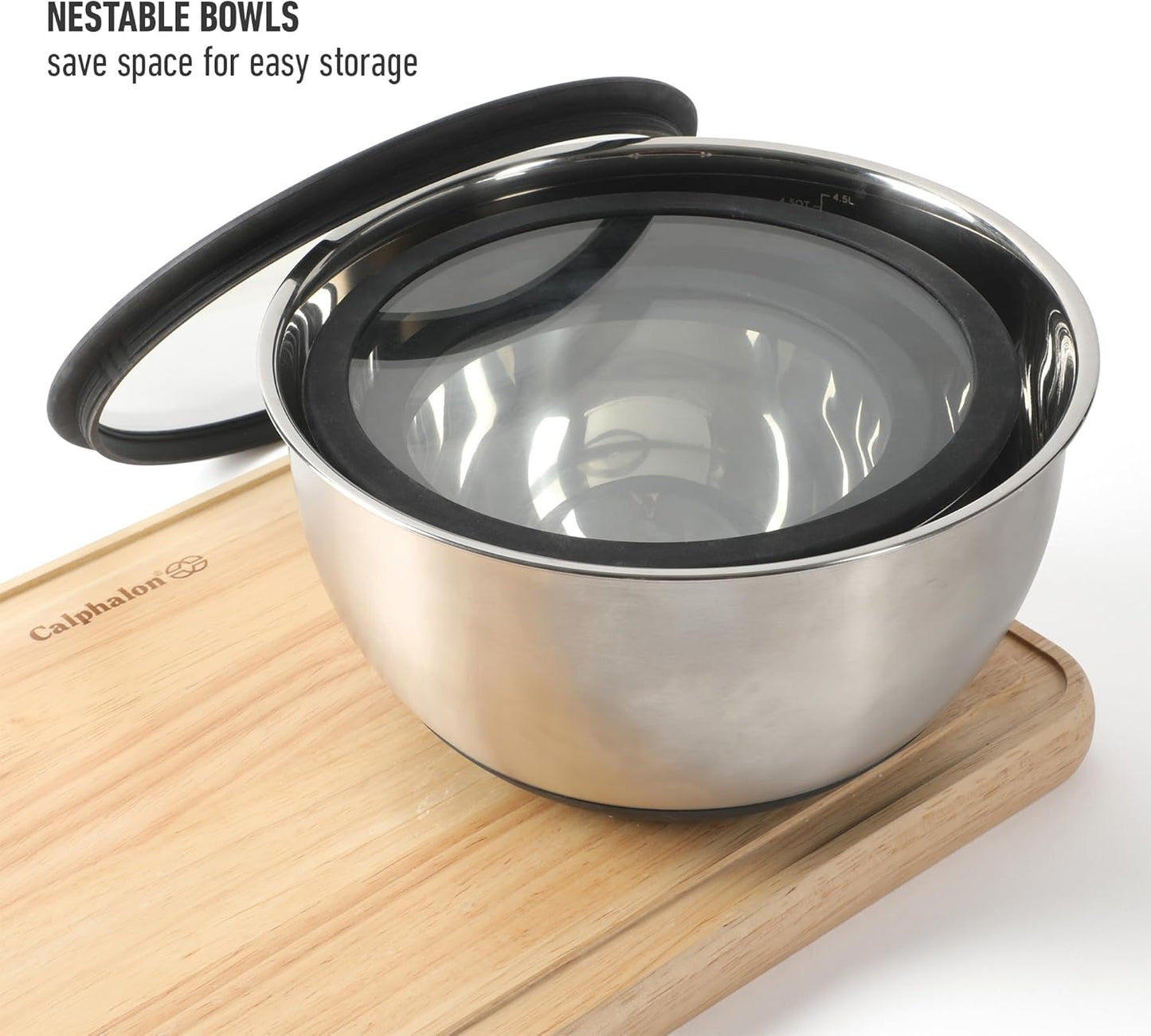 Calphalon Mixing Bowl Set, Stainless Steel Mixing Bowls With Lids, 3-Piece Stainless Steel Mixing Bowls with Glass Lids & Non-Slip Silicone Base, Prep and Storage Bowls Dishwasher Safe