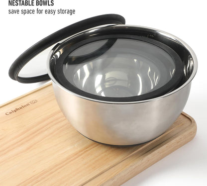 Calphalon Mixing Bowl Set, Stainless Steel Mixing Bowls With Lids, 3-Piece Stainless Steel Mixing Bowls with Glass Lids & Non-Slip Silicone Base, Prep and Storage Bowls Dishwasher Safe