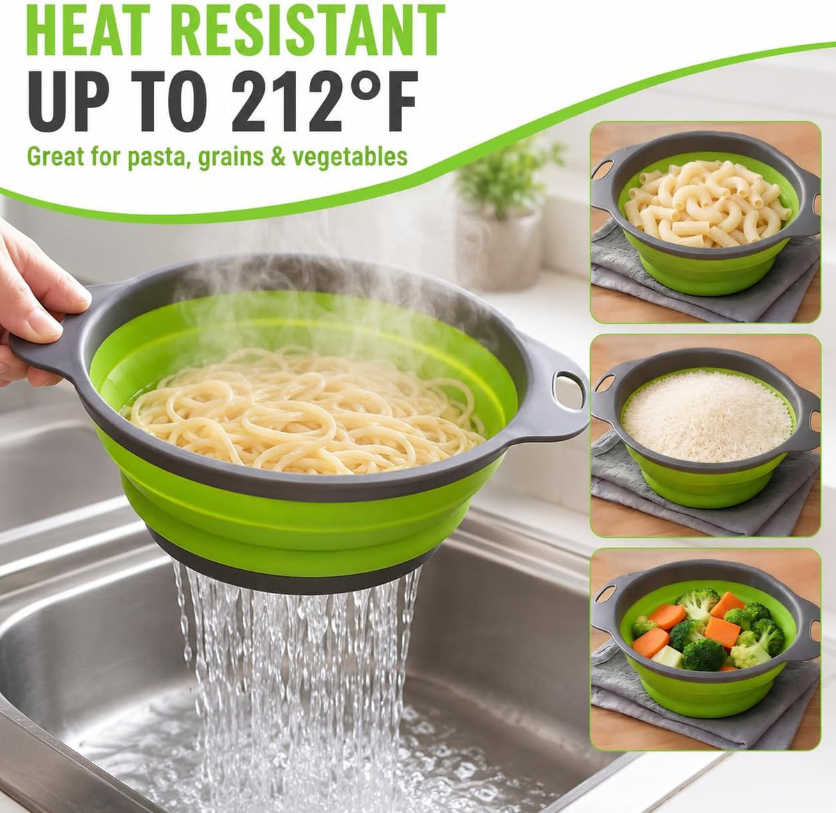 2-Piece Collapsible Colander Set, Large and Medium, Gray and Green