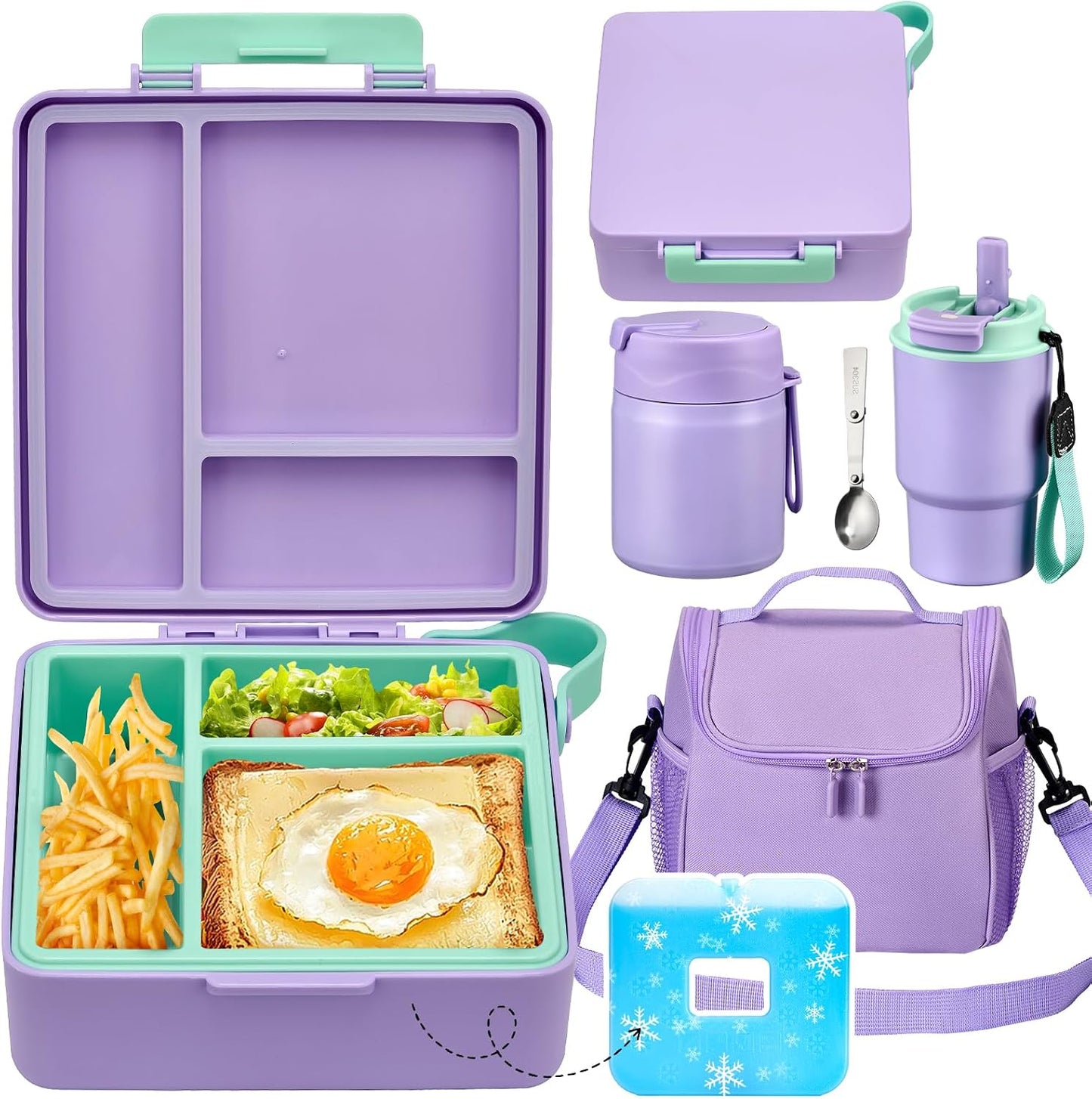Pawtong Lunch Box Set with Bento Box Container, 17OZ Stainless Steel Food Soup Thermo, Kids Water Bottle & Portable Insulated Lunch Bag, Leakproof, Hot/Cold Retention for School, Travel (Purple-Horse)