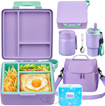 Pawtong Lunch Box Set with Bento Box Container, 17OZ Stainless Steel Food Soup Thermo, Kids Water Bottle & Portable Insulated Lunch Bag, Leakproof, Hot/Cold Retention for School, Travel (Purple-Horse)