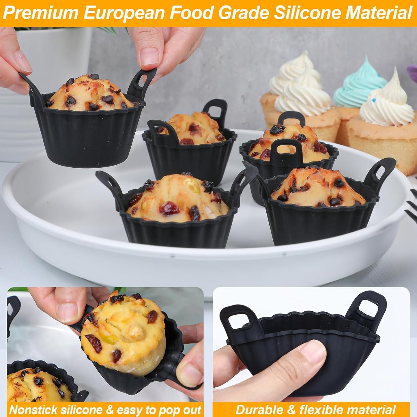 Koluti Nonstick Silicone Muffin Baking Cups Pack of 12, Reusable Cupcake Molds with Double Handle, BPA Free, Mini Round Air Fryer Cupcakes Liner, 3 Colors