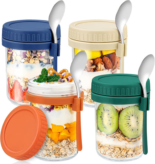 DRKIO 4 Pack Glass Overnight Oats Containers with Lids and Spoons 16 Oz Mason Jars for Overnight Oats Jars Leak Proof Oatmeal Container Meal Prep Jar for Cereal Fruit Vegetable Milk Salad Yogurt