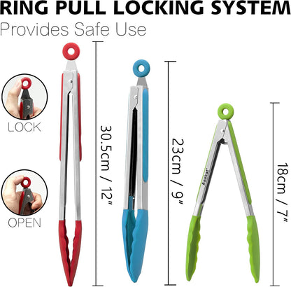 Anaeat Premium Kitchen Locking Tong Set of 3 - Heavy Duty Stainless Steel Food Tongs with Long Handle & Non-Slip Silicone Grip for Cooking, Baking, Grilling - Heat Resistant up to 480°F