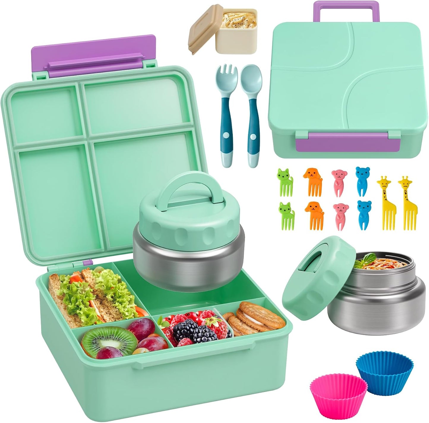 Bento Lunch Box with 9.5 oz Soup Thermo, Kids Leakproof 4 Compartments Bento Box with Silicone Cupcake,Fruit Fork,Spoon and Sauce Cup,Insulated Food Jar for School Travel-Black