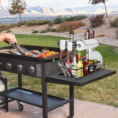 Grill Caddy with Magnetic Tool & Paper Towel Holders, Picnic Utensil Condiment Caddy, Barbecue Grill Tool Organizer for Outdoor Camping, Cooking, Camper