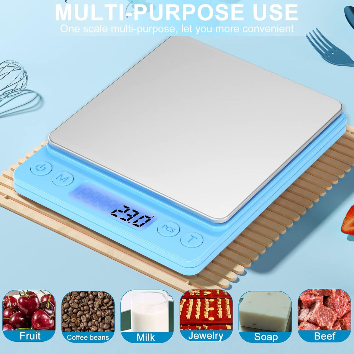 Digital Food Kitchen Scale Upgraded, YONCON 3000g/0.1g High Accuracy Mini Pocket Scale Measures in Grams and oz for Cooking, Baking, Jewelry, Tare Function,2 Trays, LCD Display (Batteries Included)