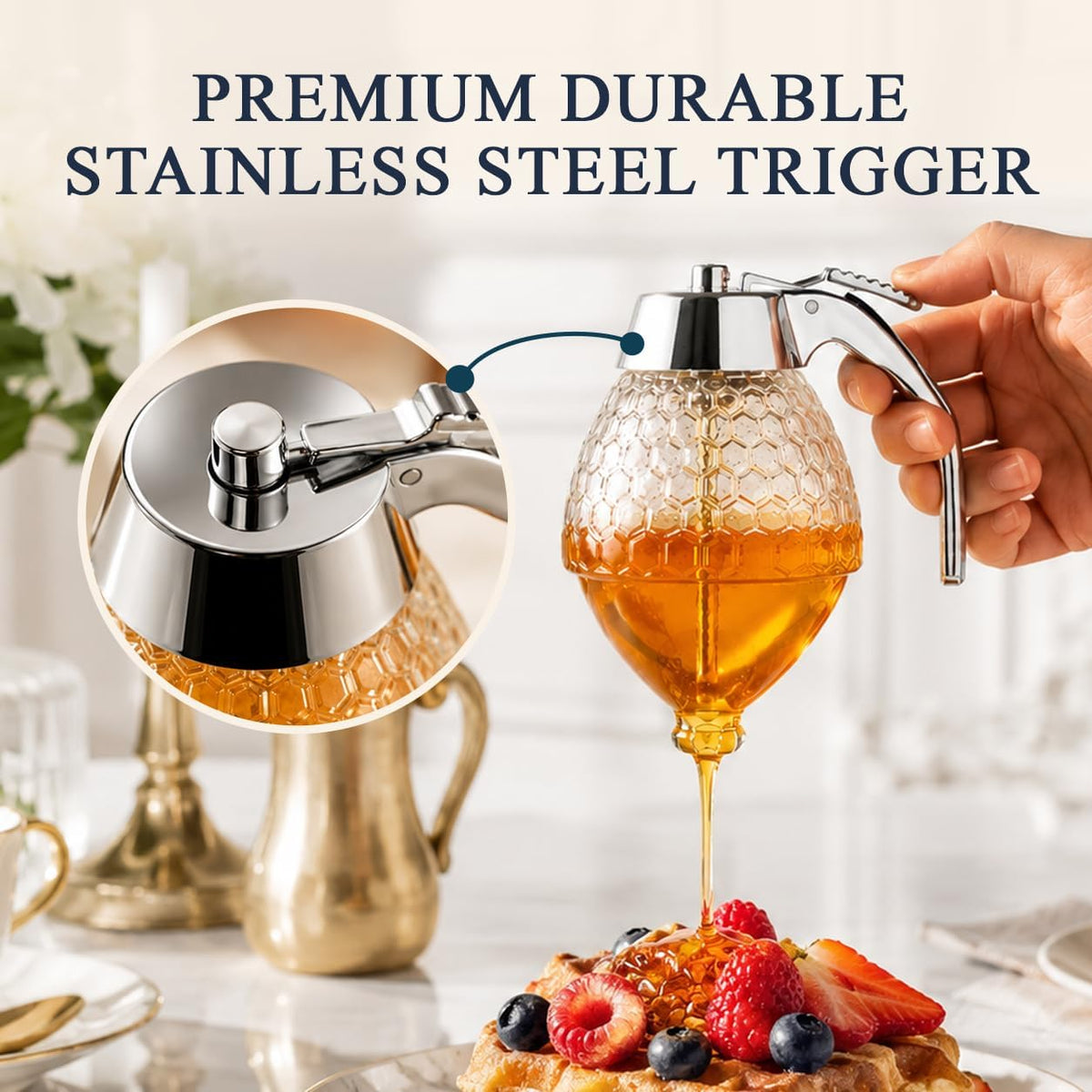 [2 PACK] Glass Honey Dispenser with Stainless Steel Top | Bee-Themed Jar