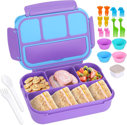 Bento Box Adult Lunch Box, Lunch Containers for Kids Girls Boys with 4 Compartments, Lunchable Food Container with Utensils, Sauce Jar, Muffin Liners, 40 Oz/5 Cup, Microwave Safe, Lavender