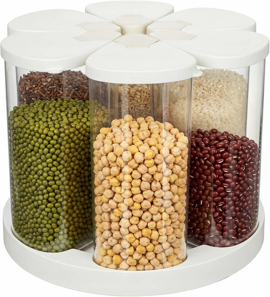 6 Grids 360° Rotating Cereal Dispenser Countertop - 7 lbs Rice Dispenser for Pantry Kitchen - Small Food Storage Containers Set with Lids - Grain Cereal Storage Container for Oats, Flour, Bean