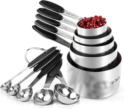 Measuring Cups : U-Taste 18/8 Stainless Steel Measuring Cups and Spoons Set of 10 Piece, Upgraded Thickness Handle(Black)