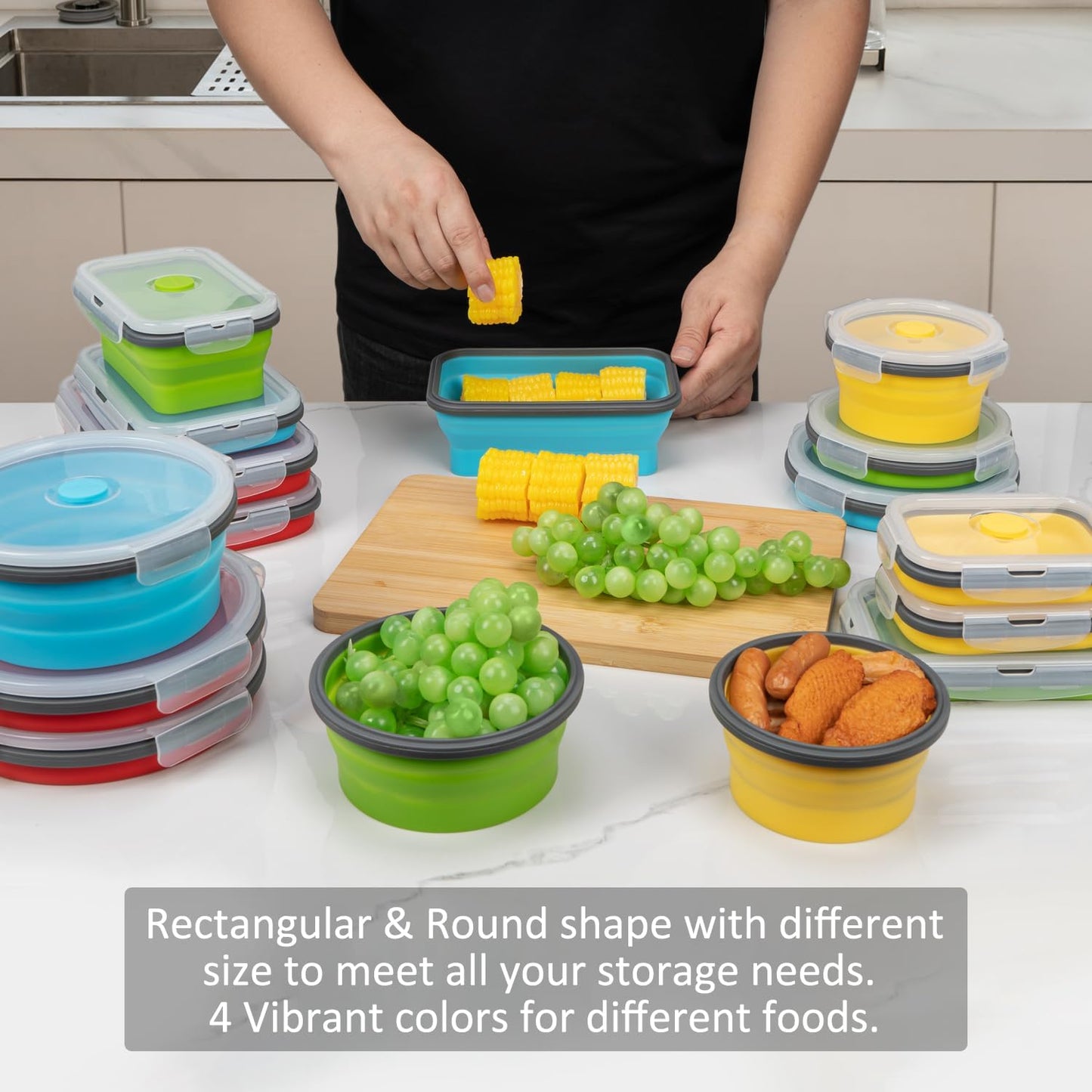 Collapsible Food Storage Containers with Lids, 4 Pack, 40 oz Silicone 1-Compartment Meal Prep Containers Reusable, Lunch Bento Boxes for Adults, Microwave Freezer Dishwasher Safe, BPA-Free, Black
