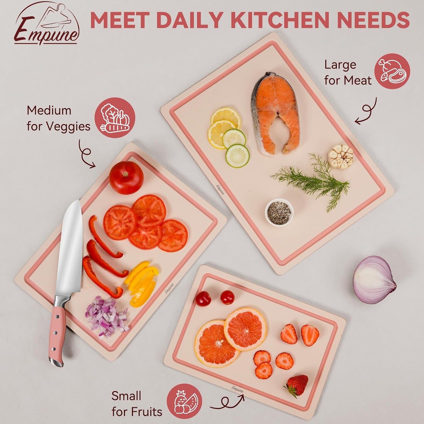 Empune Plastic Cutting Board Set, Recycled Plastic Cutting Boards for Kitchen (Set of 3), Dishwasher Safe Large Chopping Board with Holder, Non-slip Feet and Juice Grooves, Nonporous, Grey