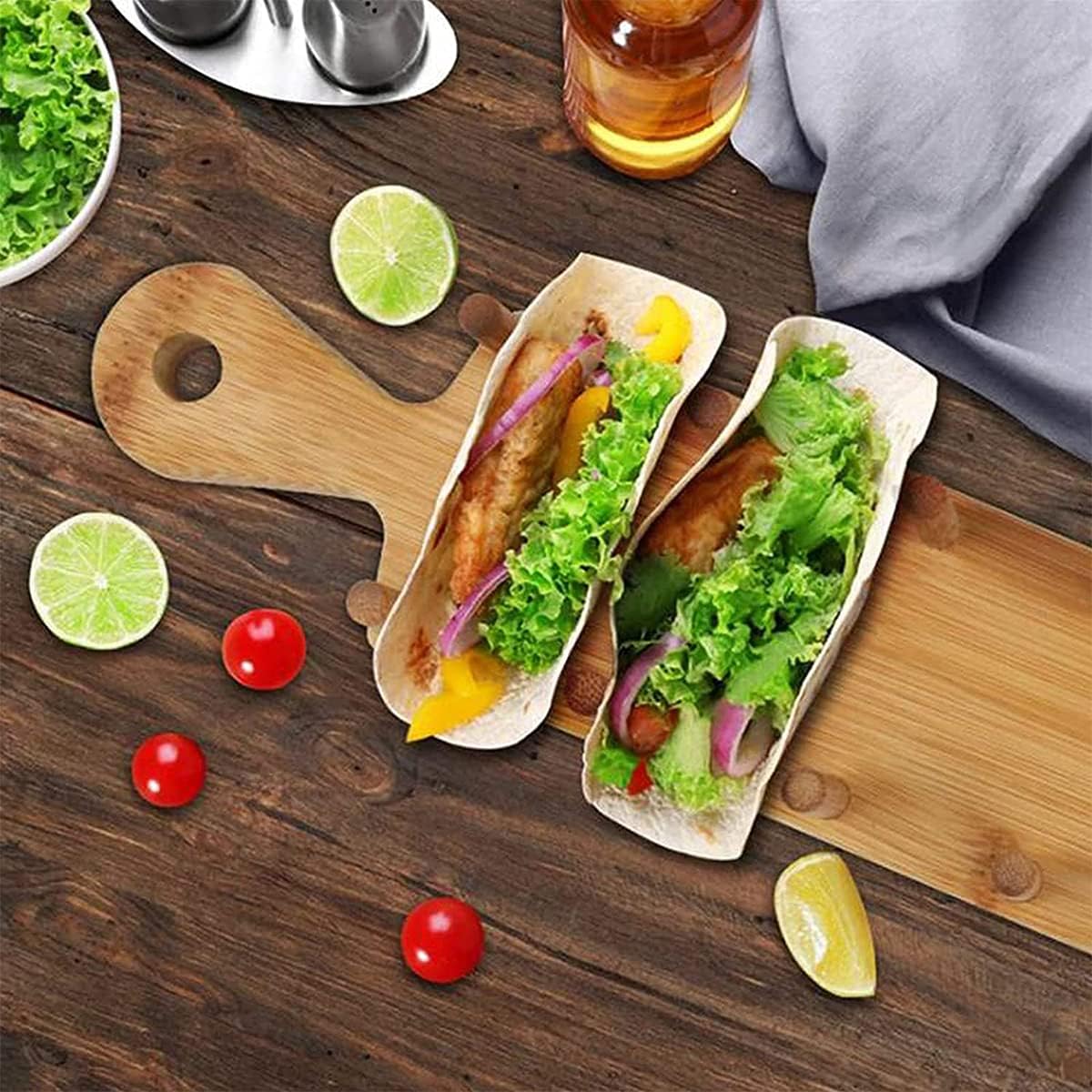 Taco Holder Stand, Taco Tray, Natural Bamboo Taco Plates Rack (Holds 8 Soft or Hard Shell), Wooden Taco Bar Serving Set for a Party, Tortillas, Burritos, Home, Parties (1Pcs)