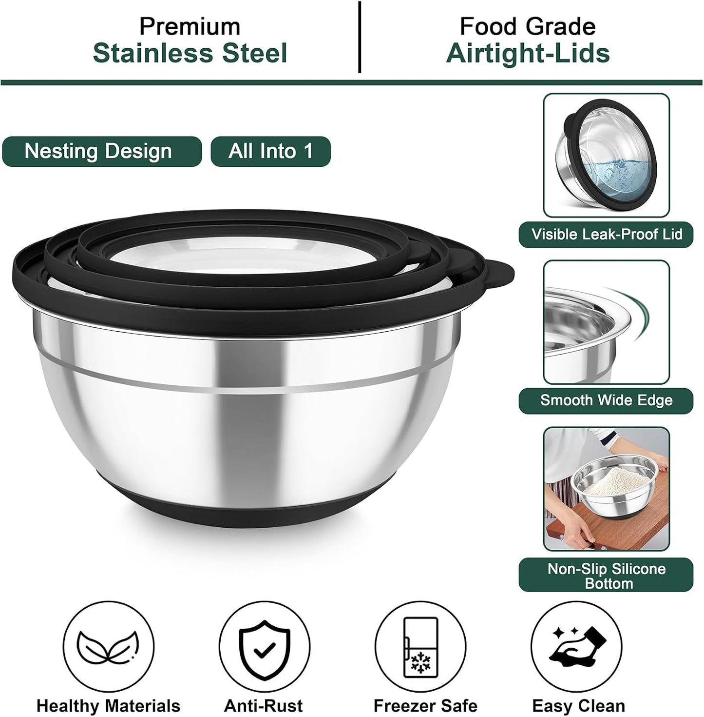 TeamFar Mixing Bowls with Colander Set, Stainless Steel Strainer and Nesting Salad Bowls, with Lids & 3 Graters, Non-Slip Bottom & Visible Lid, Rotatable & Dishwasher Safe, 4.6/3/1.5 QT, Khaki