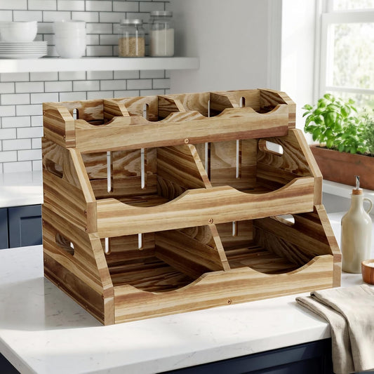 3-Tier Solid Wood Potato and Onion Storage Bin for Kitchen Counter, Stackable Fruit Vegetable Basket with 4-Compartment Top Tray Removable Adjustable, Ventilated Pantry Organizers and Storage