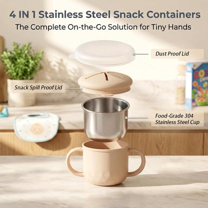 BUSOHA 2 Pack Stainless Steel Snack Containers – 4 IN 1 Spill Proof Snack Cup for Kids with Silicone Lids,Reusable Toddler Snack Containers,Metal Food Storage for Lunch Box,Travel,Dark Purple+Gray