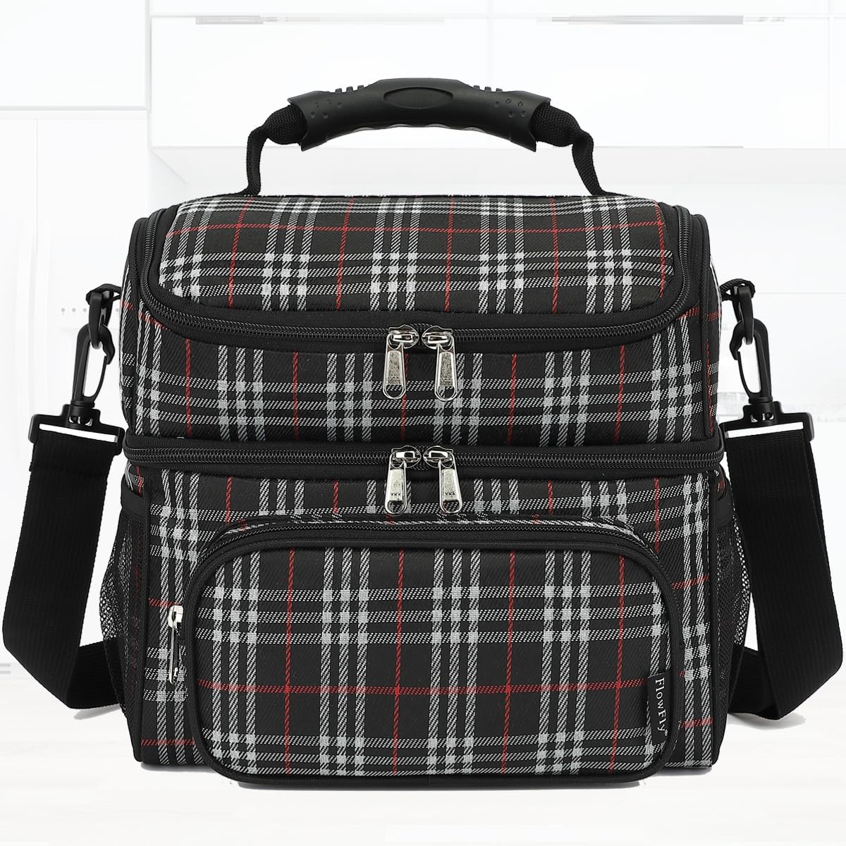 FlowFly Double Layer Cooler Insulated Lunch Bag Adult Lunch Box Large Tote Bag for Men, Women, With Adjustable Strap,Front Pocket and Dual Large Mesh Side Pockets