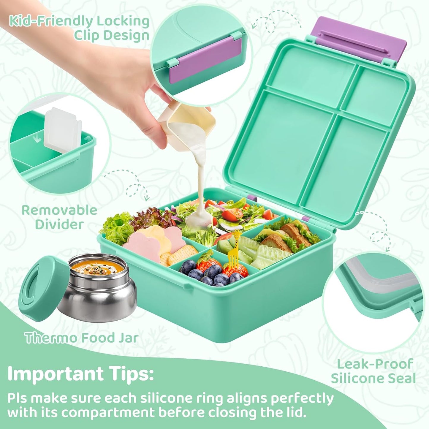 JSLOVE Bento Lunch Box with Leak Proof Thermos Food Jar for Kids, Food Lunch Containers for Boys with 4 Compartments, BPA-Free with Utensils, Food Picks, Sauce Jar & Silicone Lunch Box Dividers