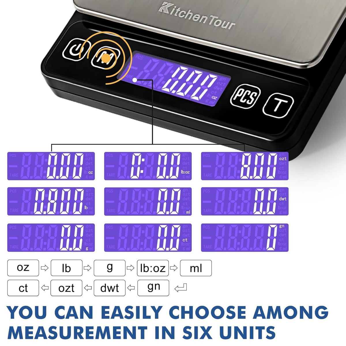 KitchenTour Mini Gram Scale for Coffee, Jewelry and Small Items, 500g x 0.01g Digital Pocket Scale with Tare, 6 Units, Back-Lit LCD, 2 Trays, Black