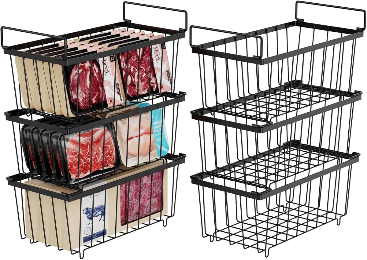 iSPECLE Deep Freezer Organizer Bins, 5 Pack Chest Freezer Baskets for 7 Cu.Ft, Stackable Wire Chest Freezer Organizer Bins for Small Food, Strong Metal with Handles for Meat and Veggies, Black