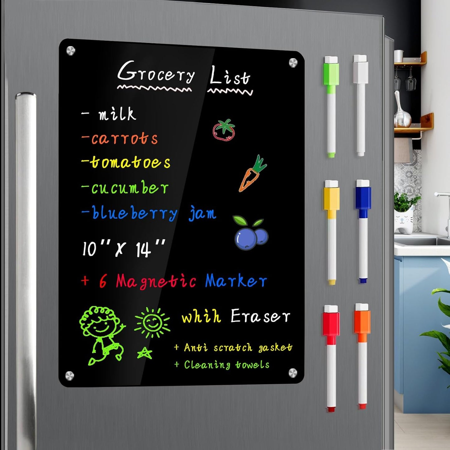 JonXon 8"X12" Acrylic Magnetic Menu Board for Kitchen,Acrylic Weekly Calendar for Fridge,Clear Meal Planner for Refrigerator,Magnet Fridge Menu Planner with 6 Magnetic Erasable Markers