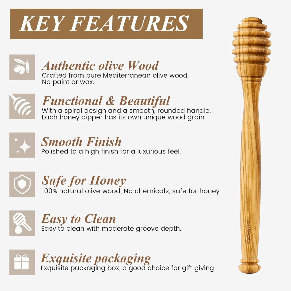 Traditional Olive Wood Honey Dipper - Durable & Warp-Resistant, Preserves Honey Purity, 1pcs, 6.3 Inch