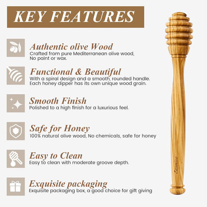 Traditional Olive Wood Honey Dipper - Durable & Warp-Resistant, Preserves Honey Purity, 1pcs, 6.3 Inch