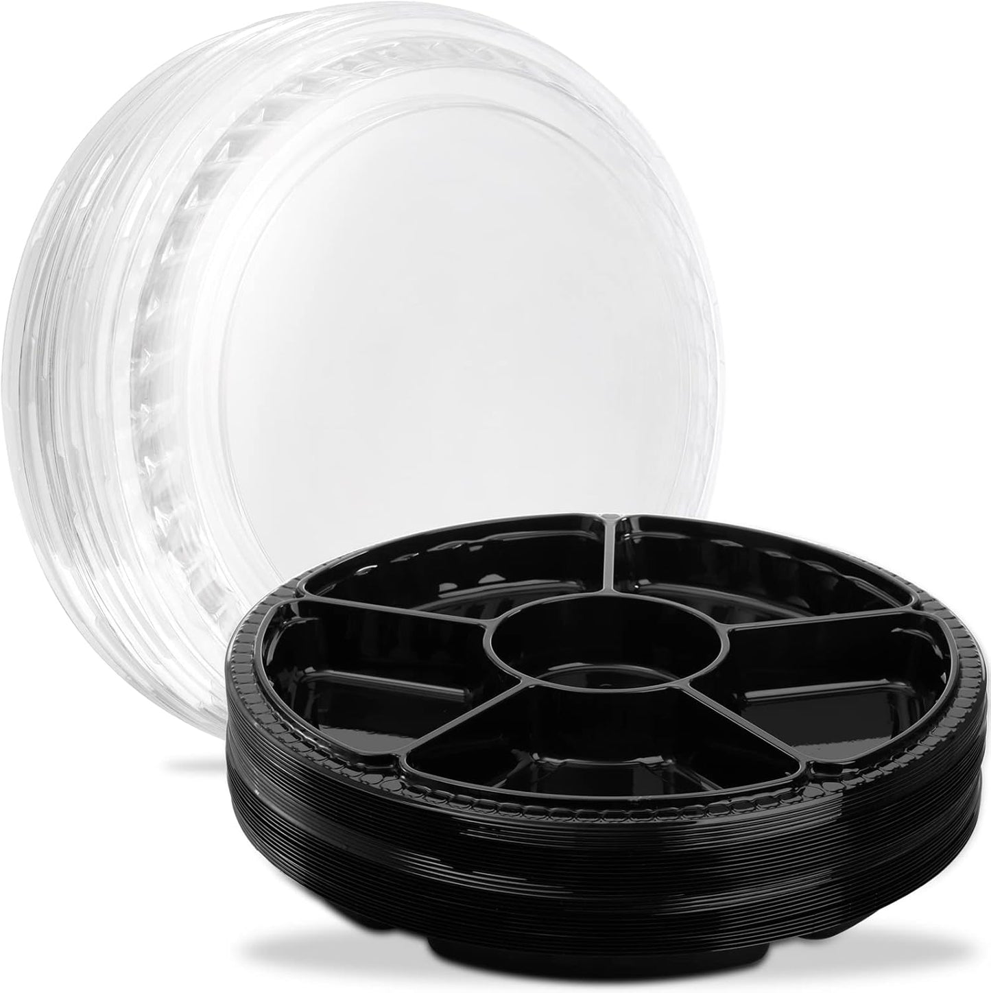Lawei 30 Pack Plastic Appetizer Trays with Clear Lid, Round Stackable Serving Party Trays, 12 in Banquet Catering Fruit Vegetable Tray, Reusable 6 Divided Food Snack Dip Platter for Outdoor Buffet