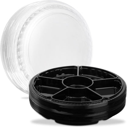 Lawei 30 Pack Plastic Appetizer Trays with Clear Lid, Round Stackable Serving Party Trays, 12 in Banquet Catering Fruit Vegetable Tray, Reusable 6 Divided Food Snack Dip Platter for Outdoor Buffet