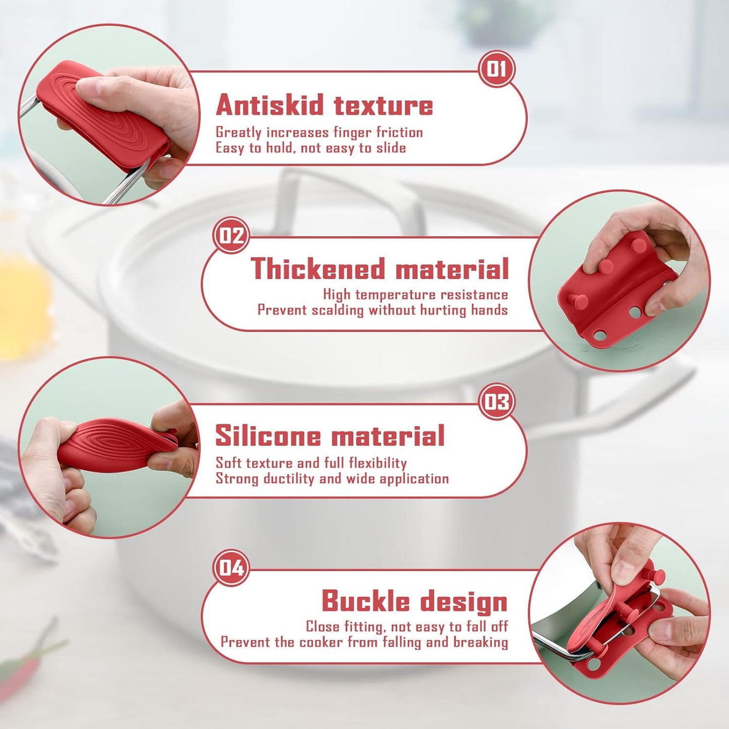 2Pcs Silicone Pot Handle Covers with Buttons, Heat Resistant Cast Iron Pot Assist Handle Covers, Non Slip Silicone Pot Holders, Reusable Hot Pot Grip Handle Sleeves (Gray)