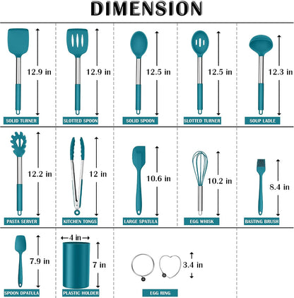 E-far Silicone Cooking Utensils Set, 7 Pcs Heat Resistant Kitchen Utensils with Stainless Steel Handle, Slotted Turner, Spoon, Soup Ladle, Pasta Server, Skimmer, Tongs for Nonstick Cookware, Black
