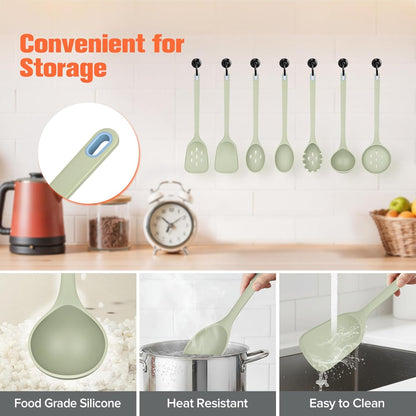 Large Silicone Utensils Set of 7 for Cooking,No Scratch for Nonstick Cookware,Pasta Server,Spaghetti Spoon,Slotted Spoon&Spatula,Solid Spoon&Spatula,Skimmer,Soup Ladle BPA Free Heat Resistant (Green)