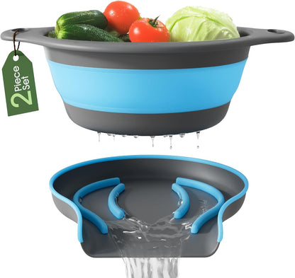 Gevoli Strainer with Self-Draining Base (5QT) Over-Sink Collapsible Kitchen Colander Set with Side-drain Base for Pasta Vegetables and Fruit, XL Large Capacity, Dishwasher Safe (5-Quart) Red/Gray