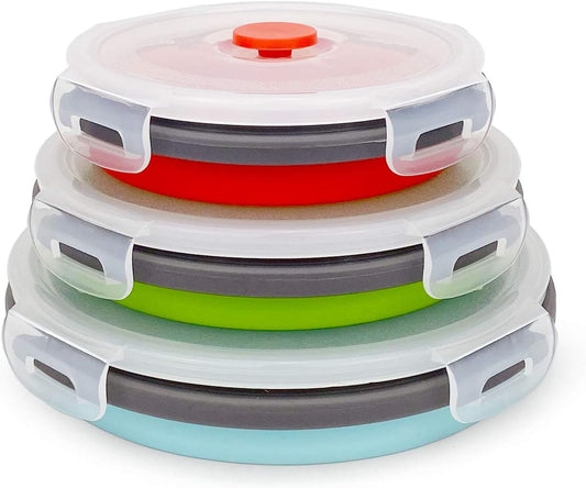 CARTINTS Round Collapsible Bowls with Lids, Reusable Silicone Food Storage Containers, 3Pack 500-800-1200ML, Stackable Space Saving, Microwave and Freezer Safe, Meal Prep Container