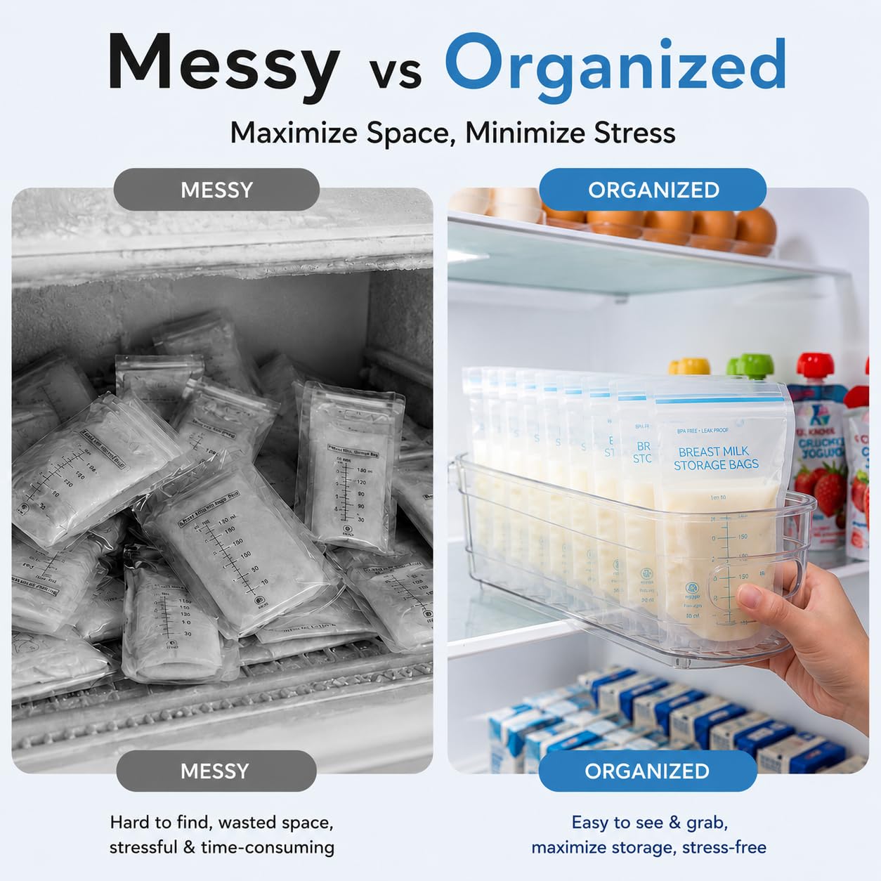 2 Set Breast Milk Storage Containers for Fridge and Freezer with Automatic Pusher, Clear Organizer Self Pushing Bins for Breastmilk Bags, Bottles and Pouches, 14.7 x 4.3 x 3.9 Inches