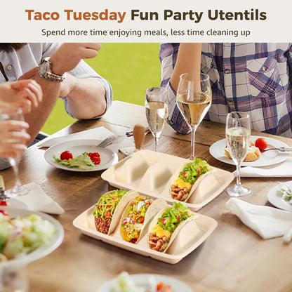 150 PCS Disposable Taco Holders, 3-Slot Bagasse Pulp Taco Plates, Plant Fiber Taco Stands with Dividers, Taco Tuesday Serving Trays for Tacos, Sandwiches, Hot Dogs, Pancakes