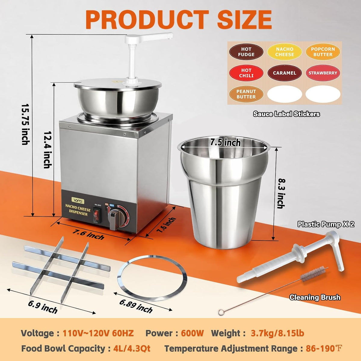 VONCI Nacho Cheese Dispenser, 2.8 Qt（2.5L） Nacho Cheese Warmer with Plastic Pump, Hot Fudge Dispenser with 6-Level Temperature Adjustment, Commercial Cheese Dispenser for Hot Fudge Cheese Caramel